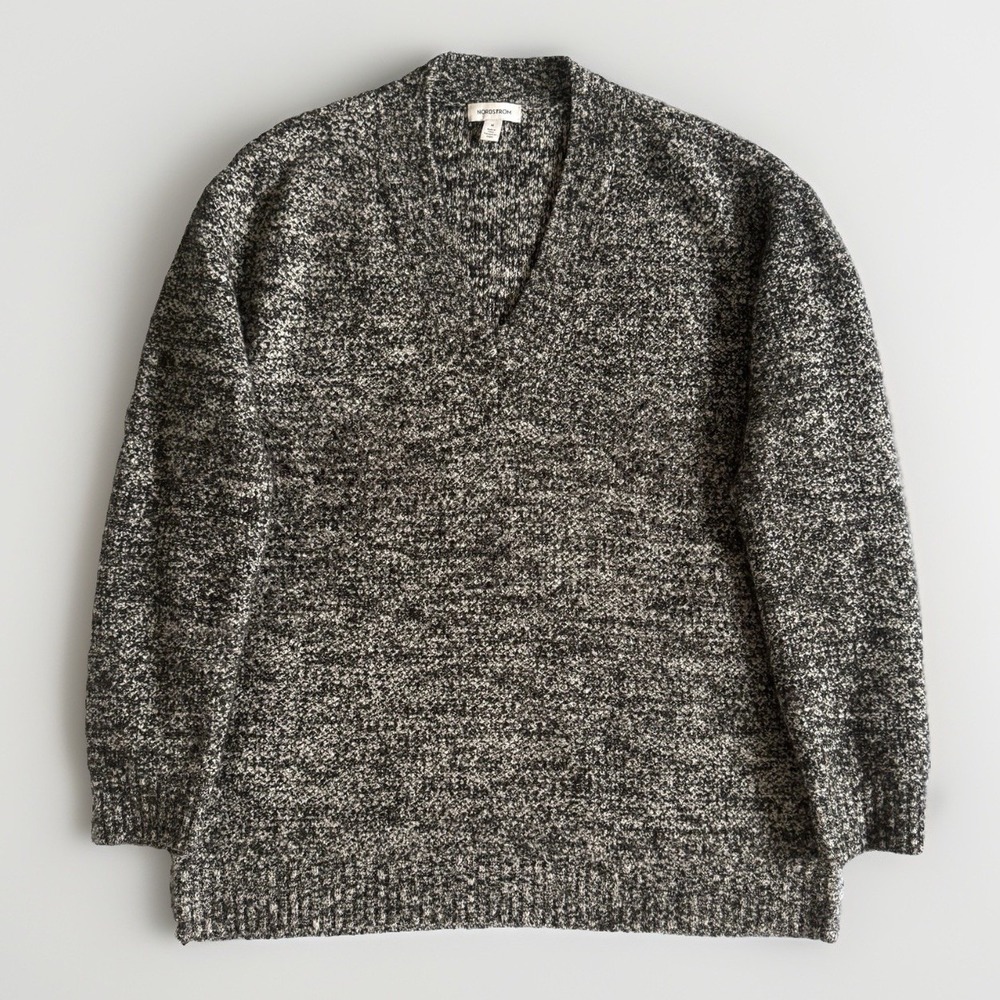 Nordstrom Marled Wool Blend V Neck Sweater Womens M Gray Black Relaxed Knit